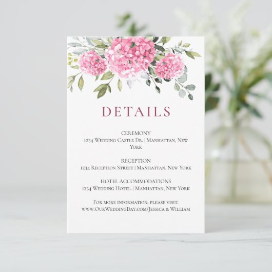 Elegante Waterverf Roze Hydrangea Bruiloft Details Informatiekaartje (Staand voorkant)