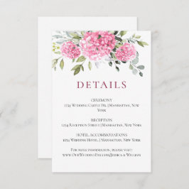 Elegante Waterverf Roze Hydrangea Bruiloft Details Informatiekaartje