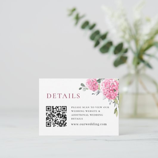 Elegante Waterverf Roze Hydrangea Bruiloft Details Informatiekaartje (Staand voorkant)