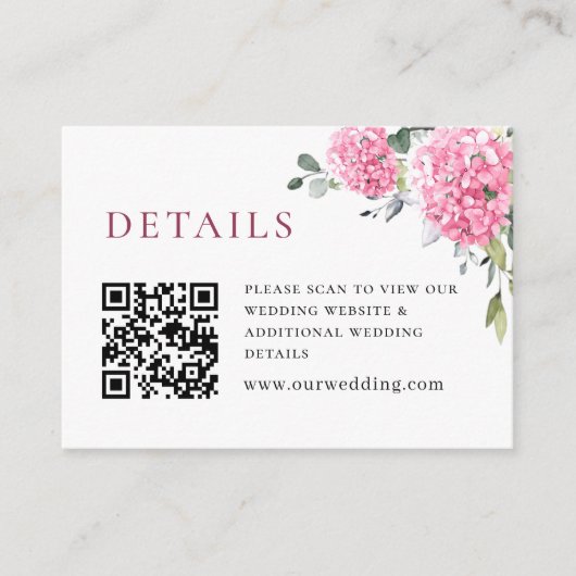 Elegante Waterverf Roze Hydrangea Bruiloft Details Informatiekaartje (Voorkant)