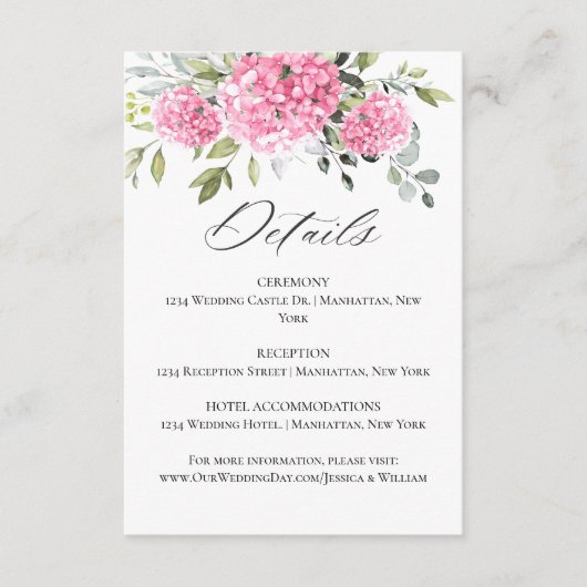 Elegante Waterverf Roze Hydrangea Bruiloft Details Informatiekaartje (Voorkant)