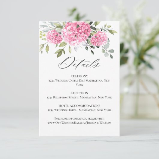 Elegante Waterverf Roze Hydrangea Bruiloft Details Informatiekaartje (Staand voorkant)