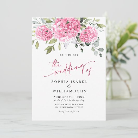 Elegante Waterverf Roze Hydrangea foto bruiloft Kaart (Staand voorkant)