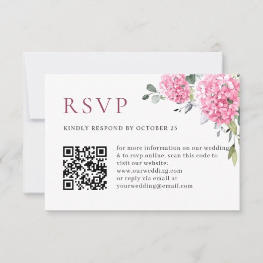 Elegante Waterverf Roze Hydrangea QR code Bruiloft RSVP Kaartje (Voorkant)