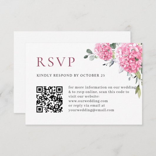 Elegante Waterverf Roze Hydrangea QR code Bruiloft RSVP Kaartje (Voorkant / Achterkant)