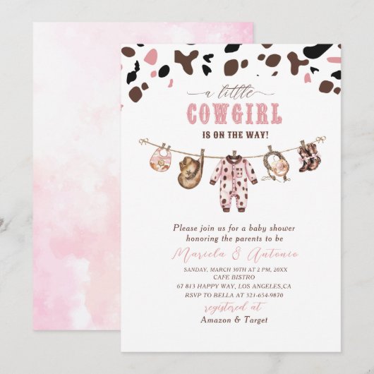 Elegante Waterverf Roze Kleine Cowgirl Baby Showe Kaart (Voorkant / Achterkant)