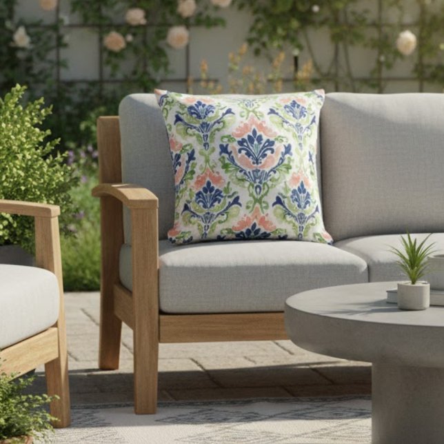 Elegante Waterverf Roze Koraal Blauw Damask Patter Kussen (Creator heeft geüpload)