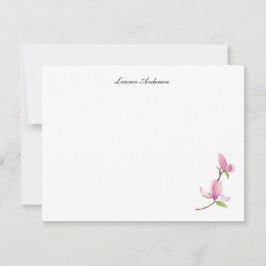 Elegante waterverf roze magnolia bloem plat notitiekaartje