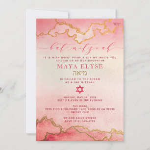 Elegante Waterverf Roze Ombre Gouden Bat Mitzvah Kaart