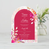 Elegante waterverf roze oranje bloemboog bruiloft kaart (Staand voorkant)