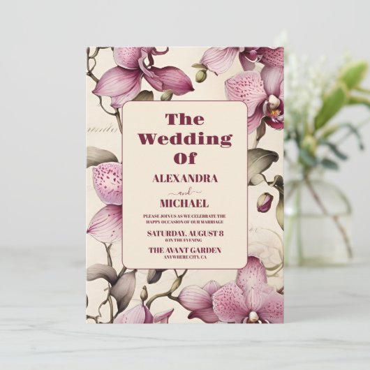 Elegante Waterverf Roze Orchidee Bruiloft Kaart (Staand voorkant)