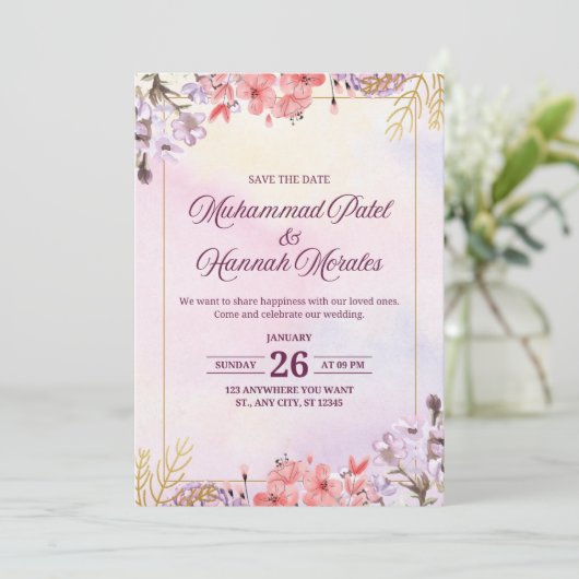 Elegante Waterverf Roze & Paarse bruiloft Uitnodig Kaart (Staand voorkant)