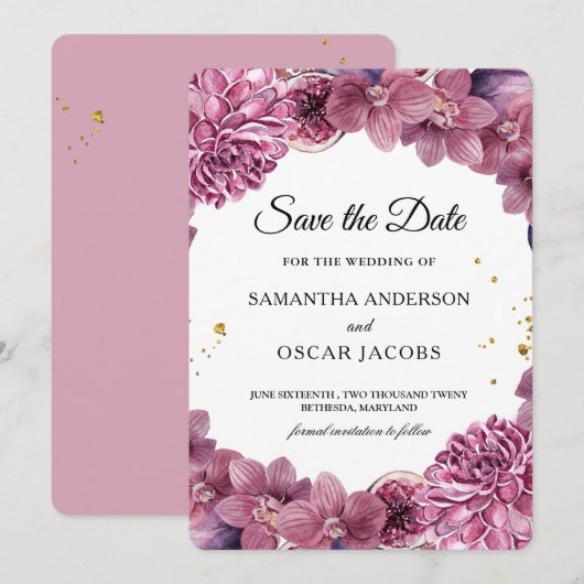 Elegante waterverf roze & paarse orchideeën & vijg save the date (Voorkant / Achterkant)