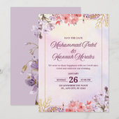 Elegante Waterverf Roze & Paarse Trouwuitnodiging Kaart (Voorkant / Achterkant)