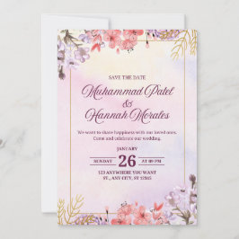 Elegante Waterverf Roze & Paarse Trouwuitnodiging Kaart