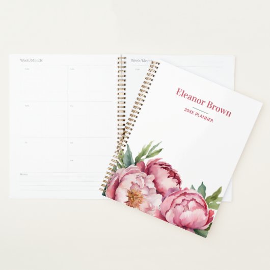 Elegante Waterverf Roze Peonis 2024 gepersonalisee Planner (Display)