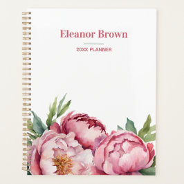 Elegante Waterverf Roze Peonis 2024 gepersonalisee Planner