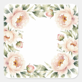 Elegante waterverf roze pioen bloemige achtergrond vierkante sticker