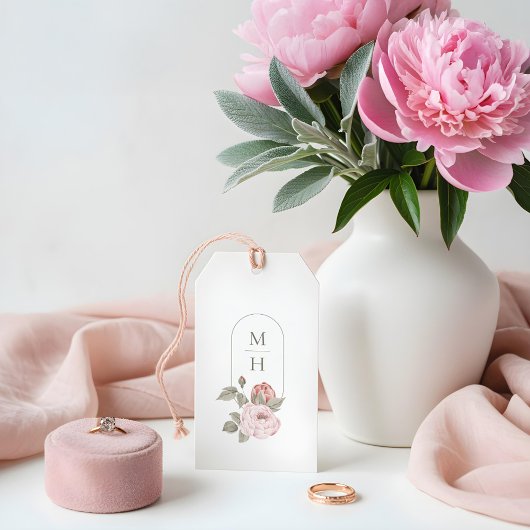 Elegante Waterverf Roze Pioenbloem Monogram Cadeaulabel