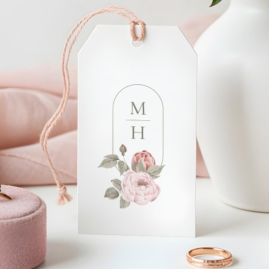 Elegante Waterverf Roze Pioenbloem Monogram Cadeaulabel