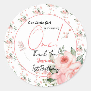 Elegante Waterverf Roze Roos Meisje 1e Verjaardag Ronde Sticker