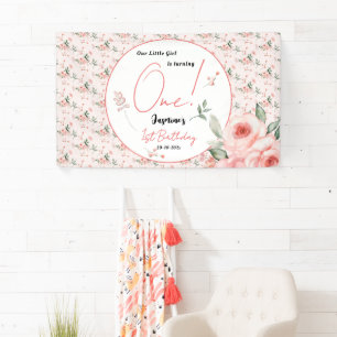 Elegante Waterverf Roze Roos Meisje 1e Verjaardag Spandoek