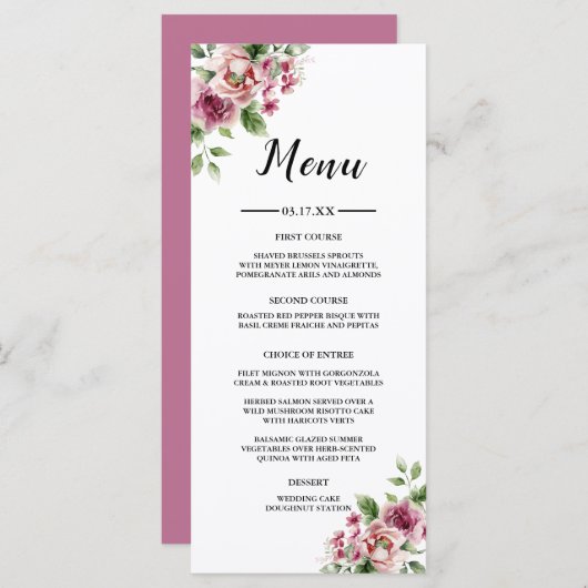 Elegante Waterverf Roze Rose Bouquet bruiloft Menu (Voorkant / Achterkant)