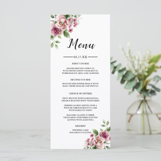 Elegante Waterverf Roze Rose Bouquet bruiloft Menu (Staand voorkant)