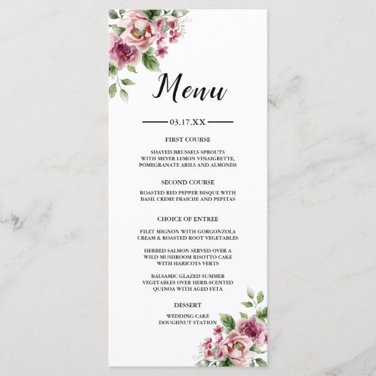 Elegante Waterverf Roze Rose Bouquet bruiloft Menu (Voorkant)