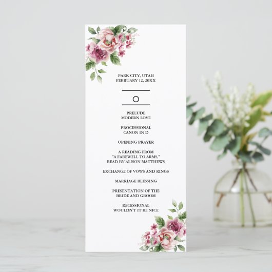 Elegante Waterverf Roze Rose Bouquet bruiloft Programmakaart (Staand voorkant)