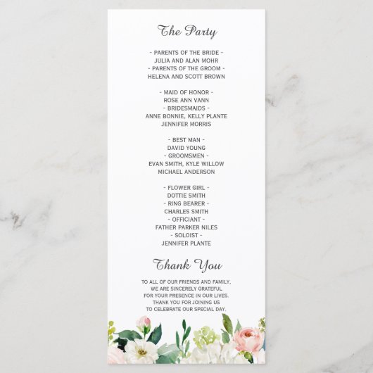 Elegante Waterverf Roze Roze Bloemige Trouw Programmakaart (Achterkant)