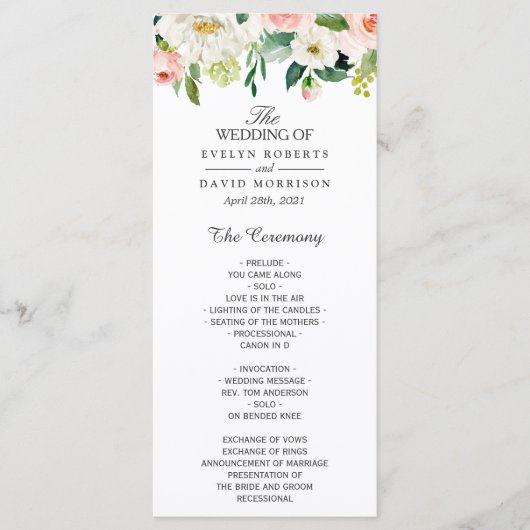 Elegante Waterverf Roze Roze Bloemige Trouw Programmakaart (Voorkant)