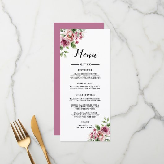 Elegante Waterverf Roze Rozen Boeket Bruiloft Menu (Voorkant / Achterkant in situ)