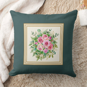 Elegante Waterverf Roze Rozen Boeket Houtskool Kussen