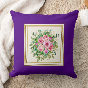 Elegante Waterverf Roze Rozen Boeket Paars Kussen