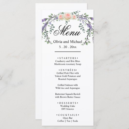 Elegante waterverf roze rozen botanische lavendel menu (Voorkant / Achterkant)