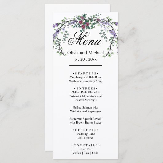 Elegante waterverf roze rozen botanische lavendel menu (Voorkant / Achterkant)