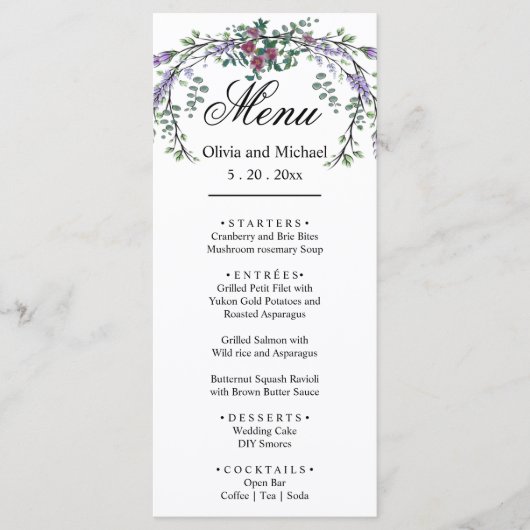 Elegante waterverf roze rozen botanische lavendel menu (Voorkant)