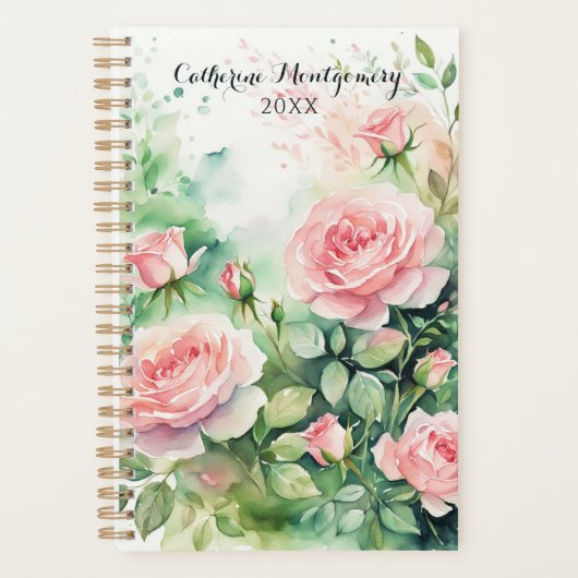 Elegante Waterverf roze rozen en groen gebladerte Planner (Voorkant)