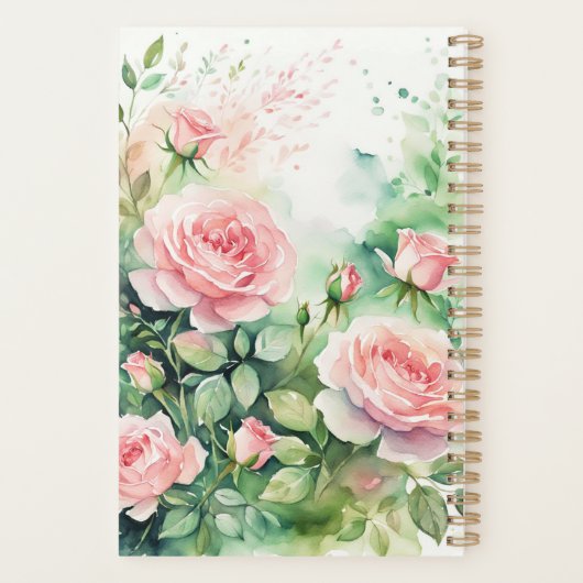 Elegante Waterverf roze rozen en groen gebladerte Planner (Achterkant)