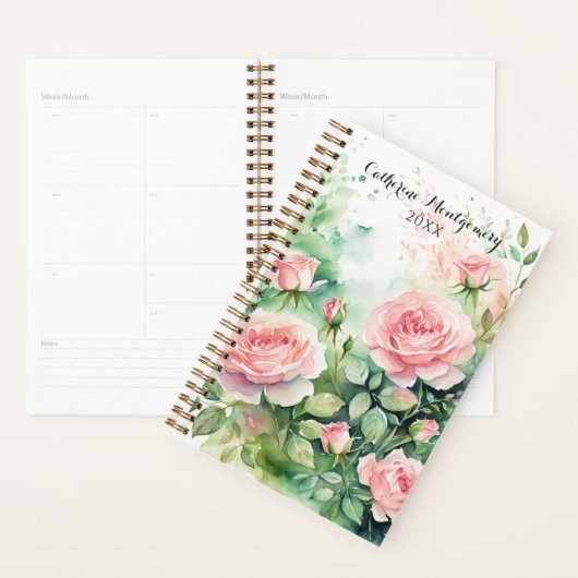 Elegante Waterverf roze rozen en groen gebladerte Planner (Display)