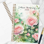 Elegante Waterverf roze rozen en groen gebladerte Planner