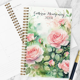 Elegante Waterverf roze rozen en groen gebladerte Planner