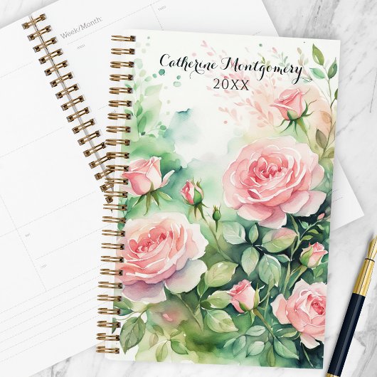 Elegante Waterverf roze rozen en groen gebladerte Planner