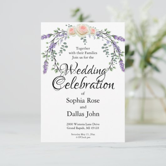 Elegante waterverf roze rozen Lavendel Wedding Kaart (Staand voorkant)