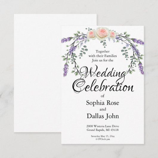 Elegante waterverf roze rozen Lavendel Wedding Kaart (Voorkant / Achterkant)