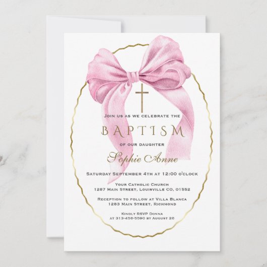 Elegante waterverf roze strik goud meisje doop  kaart (Voorkant)