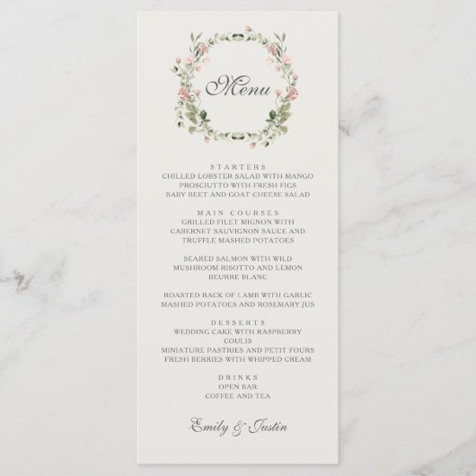 Elegante Waterverf Roze Tuin Roze Roos Bruiloft Menu (Voorkant)