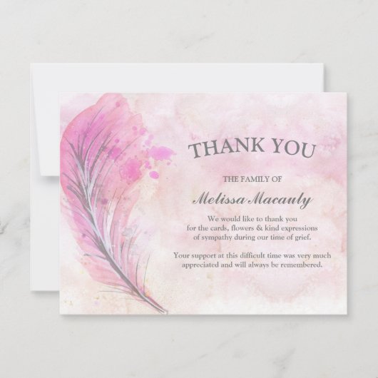 Elegante Waterverf roze veer begrafenismonument Bedankkaart (Voorkant)