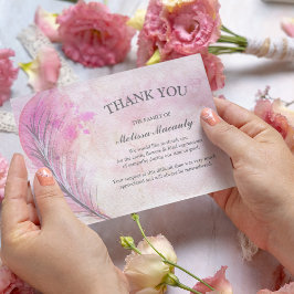 Elegante Waterverf Roze Veer Funeralie Herdenking Bedankkaart